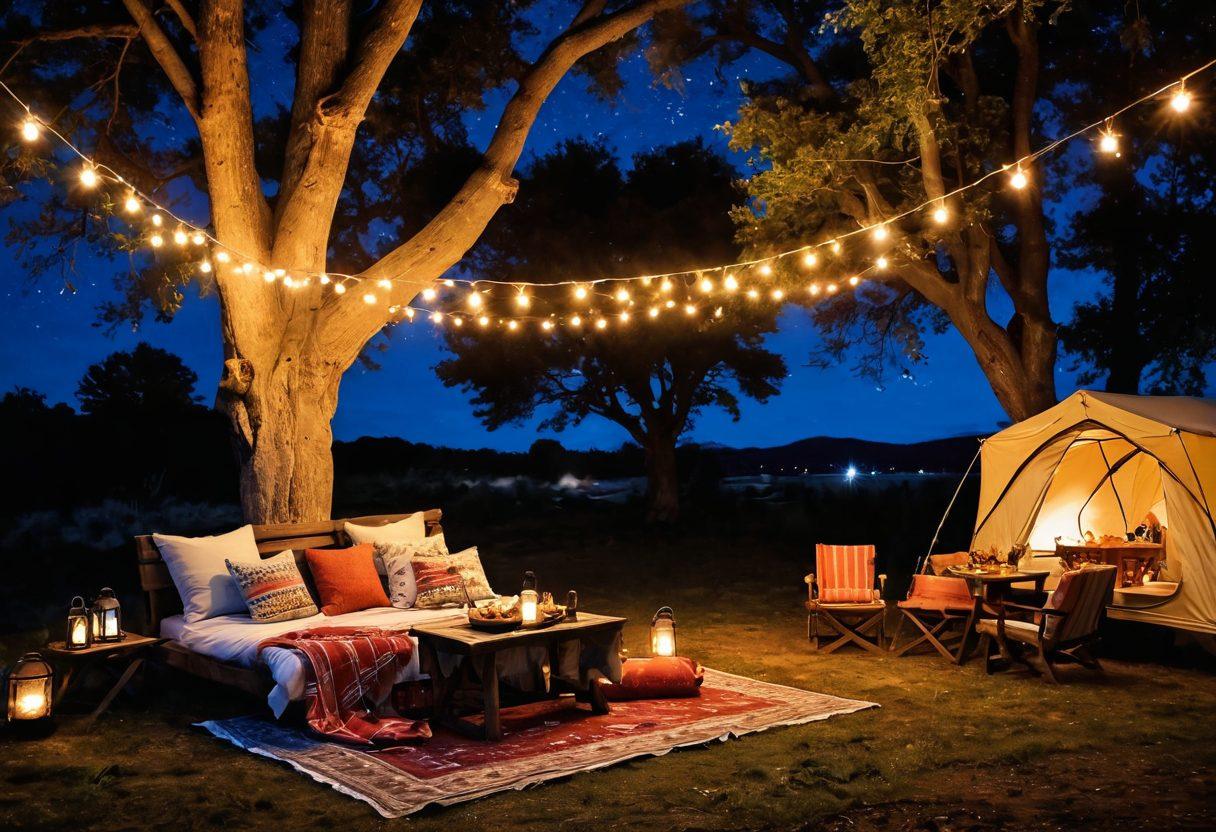 A serene campsite set under a starry sky, featuring a cozy setup with camping cots adorned with plush blankets and pillows. A rustic wooden table is elegantly arranged with various wine bottles, gourmet cheeses, and fruits, casting a warm glow from lanterns. The stars twinkle brightly above, enhancing the romantic ambiance of outdoor dining. Decorative fairy lights are draped around the trees, creating a magical atmosphere. soft-focus. vibrant colors. night scene.