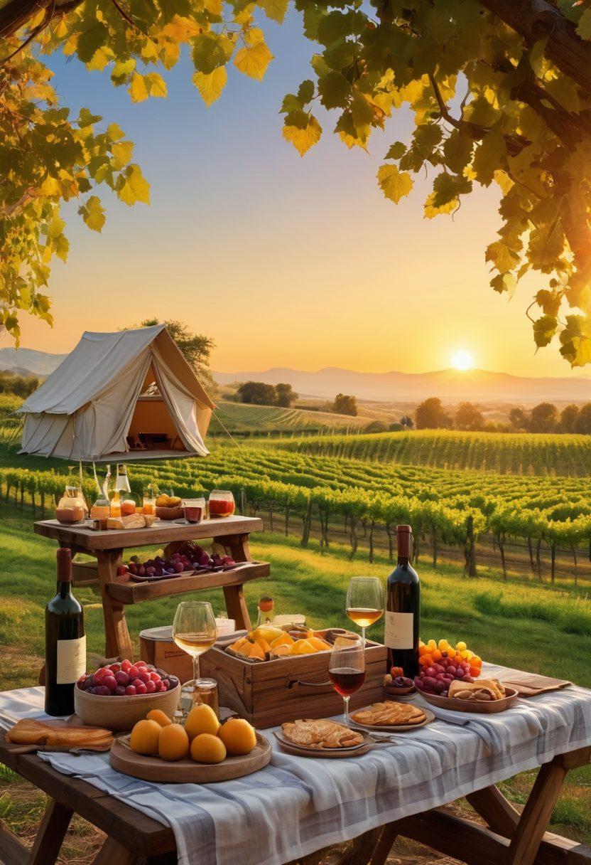 A picturesque vineyard landscape transitioning into a cozy campsite, featuring a wooden picnic table laid with an array of fine wines and gourmet snacks, surrounded by essential camping gear like a tent and lanterns. Golden sunset in the background casting a warm glow over the scene, with lush grapevines framing the image. super-realistic. vibrant colors. peaceful ambiance.