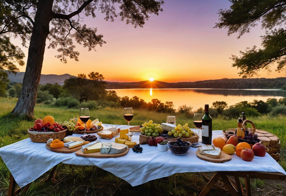 A picturesque outdoor scene featuring a cozy camping setup with a comfortable cot, a picnic table set with an inviting spread of gourmet cheeses, fruits, and a selection of exquisite wine bottles, surrounded by lush nature and a sunset in the background. Include adventurous elements like a hiking trail or a nearby lake reflecting the evening sky, creating an atmosphere of relaxation and adventure. super-realistic. vibrant colors. warm lighting.